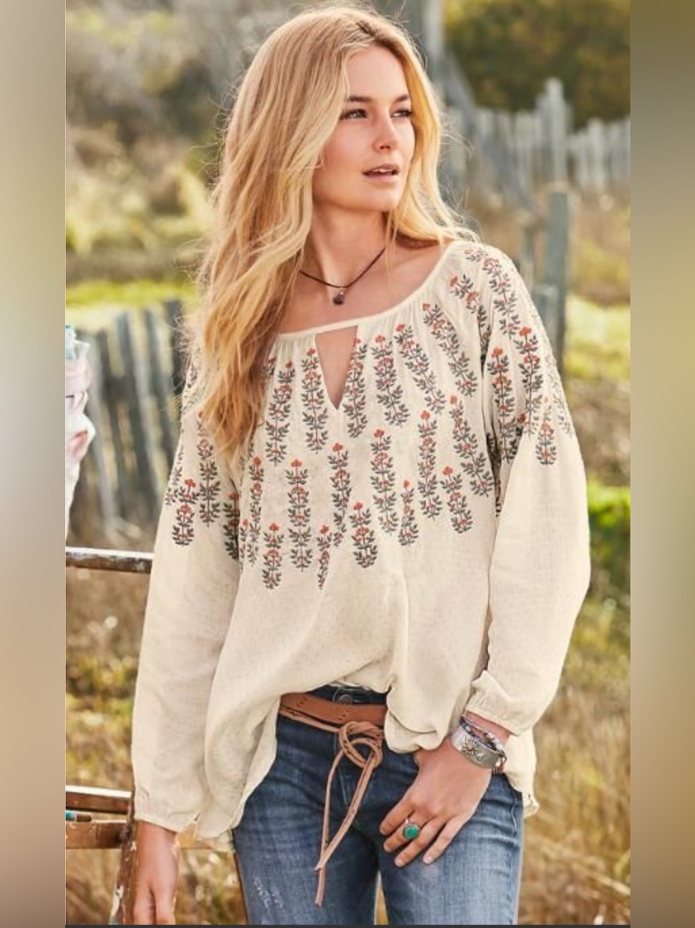 SUNDANCE Floral Embroidered Long Sleeve Boho Blouse Size Large